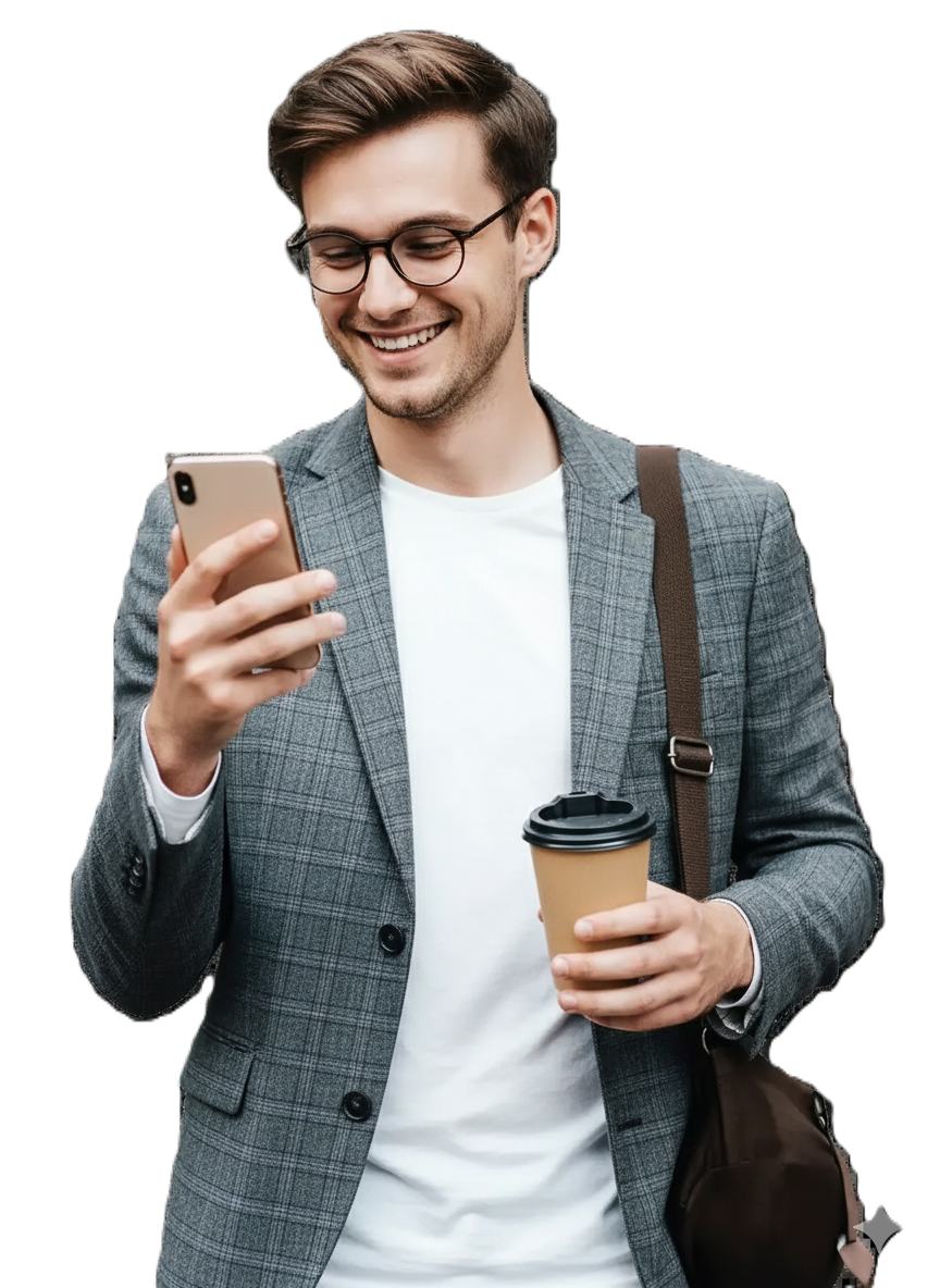 A young man using his mobile to sign up with OsiCap - a global online trading broker
